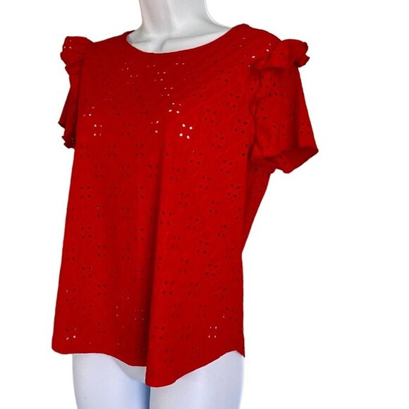 Ava James Red Short Sleeve Eyelet Top Ruffle Sleeves Women's Medium NEW - Picture 4 of 9